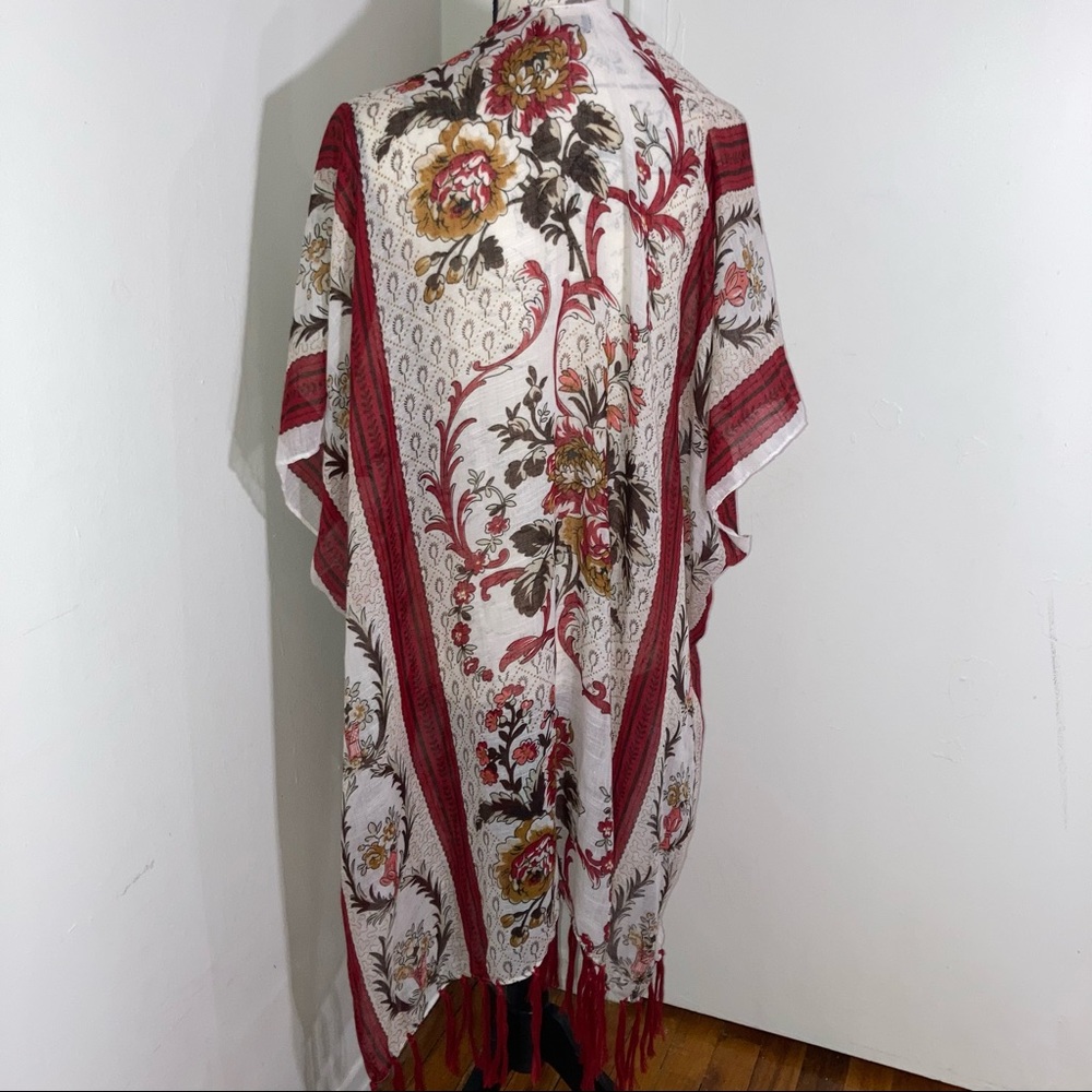 Floral Vase Botanical Flowers Print Sheer Cover Up with Fringe Red Stripes NWT - Picture 5 of 9